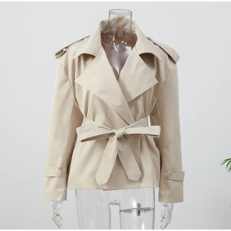 Khaki Belt Lace Up Short Trench Coat Women Elegant Full Sleeve V Neck Loose Fashion Jacket Autumn Daily High Street Outerwear