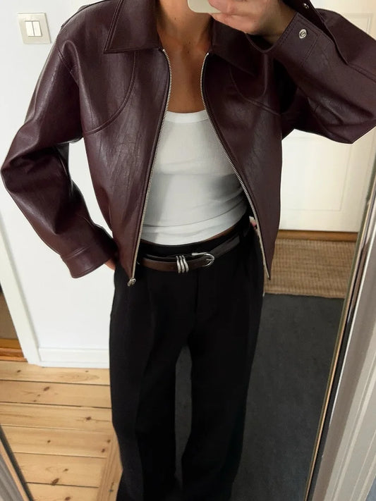 Burgundy Lapel Leather Jackets Women's Retro Zipper Full Sleeve Loose Cropped Coats Female 2025 High Street Outerwears Autumn