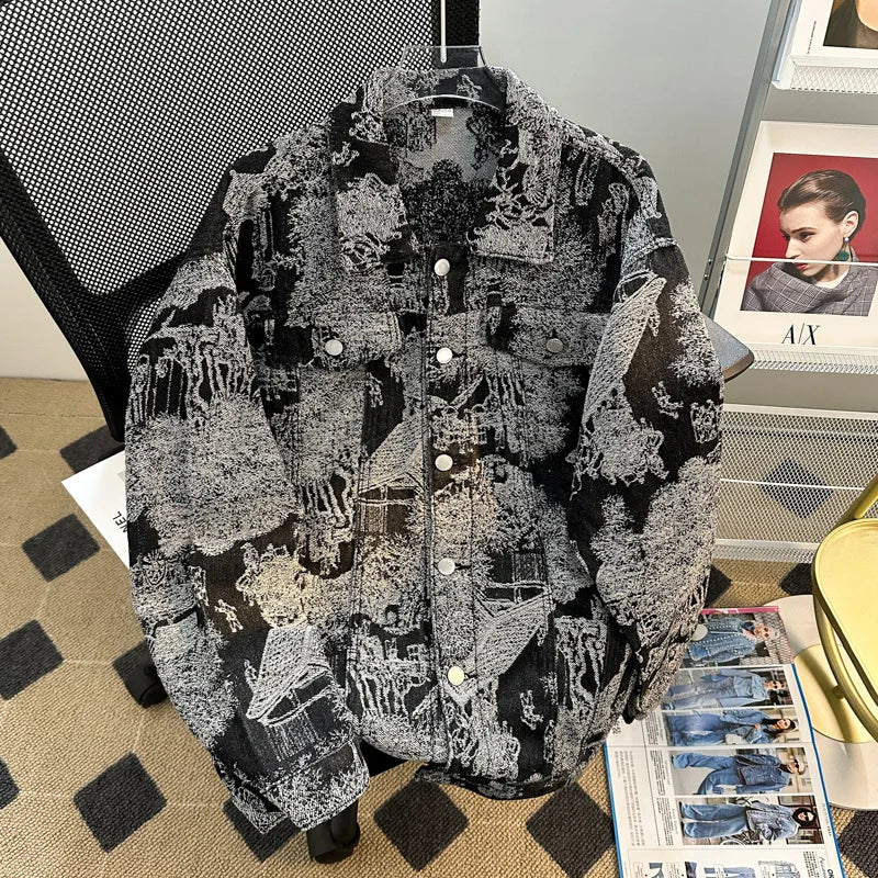 Jacquard Denim Jacket For Men Loose Fit Casual Punk Style Clothing Trendy Autumn/winter European Style Embroidered Denim Jacket