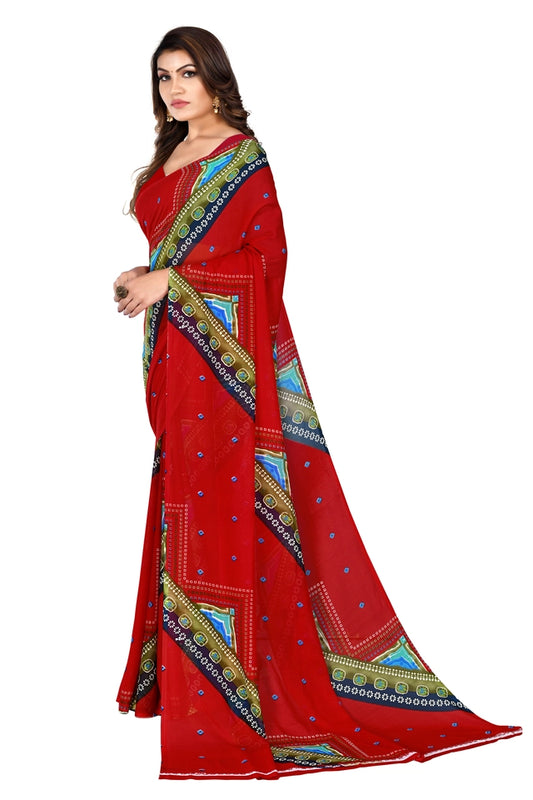 Pure Georgette Bandhani Saree | Traditional Red Tie-Dye