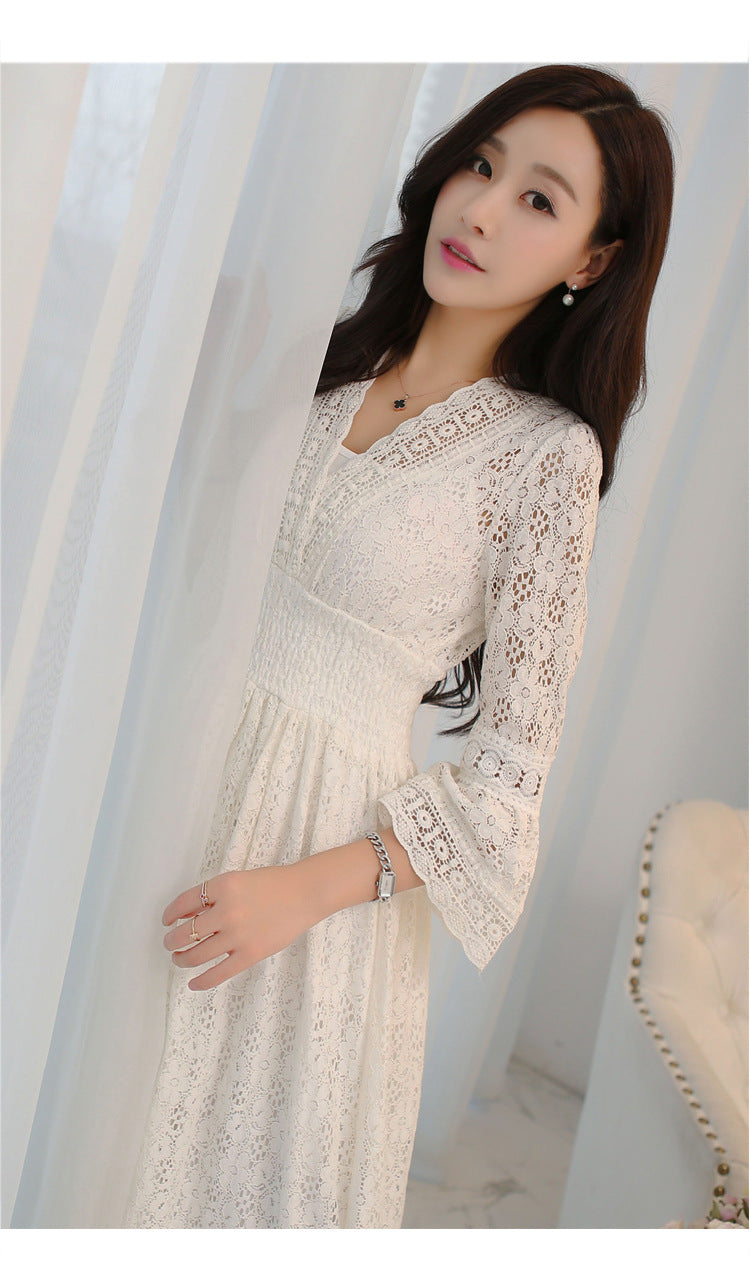 Dress Summer New Style Women's Lace V-Neck Slim Waist Dress Korean Style Dress Vacation Women's Beach Dress