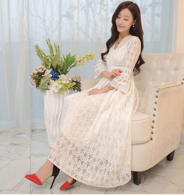 Dress Summer New Style Women's Lace V-Neck Slim Waist Dress Korean Style Dress Vacation Women's Beach Dress