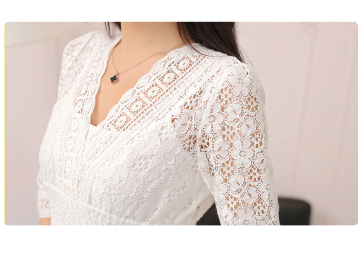 Dress Summer New Style Women's Lace V-Neck Slim Waist Dress Korean Style Dress Vacation Women's Beach Dress