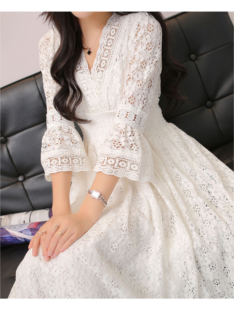 Dress Summer New Style Women's Lace V-Neck Slim Waist Dress Korean Style Dress Vacation Women's Beach Dress