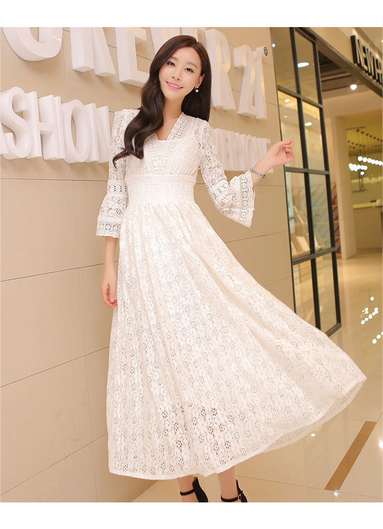 Dress Summer New Style Women's Lace V-Neck Slim Waist Dress Korean Style Dress Vacation Women's Beach Dress