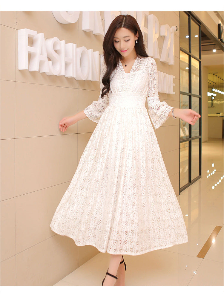 Dress Summer New Style Women's Lace V-Neck Slim Waist Dress Korean Style Dress Vacation Women's Beach Dress