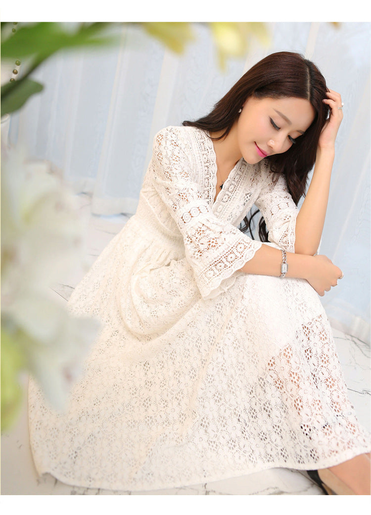 Dress Summer New Style Women's Lace V-Neck Slim Waist Dress Korean Style Dress Vacation Women's Beach Dress