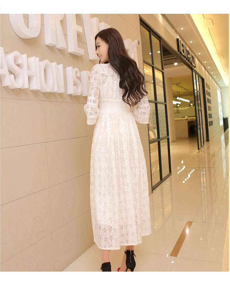 Dress Summer New Style Women's Lace V-Neck Slim Waist Dress Korean Style Dress Vacation Women's Beach Dress