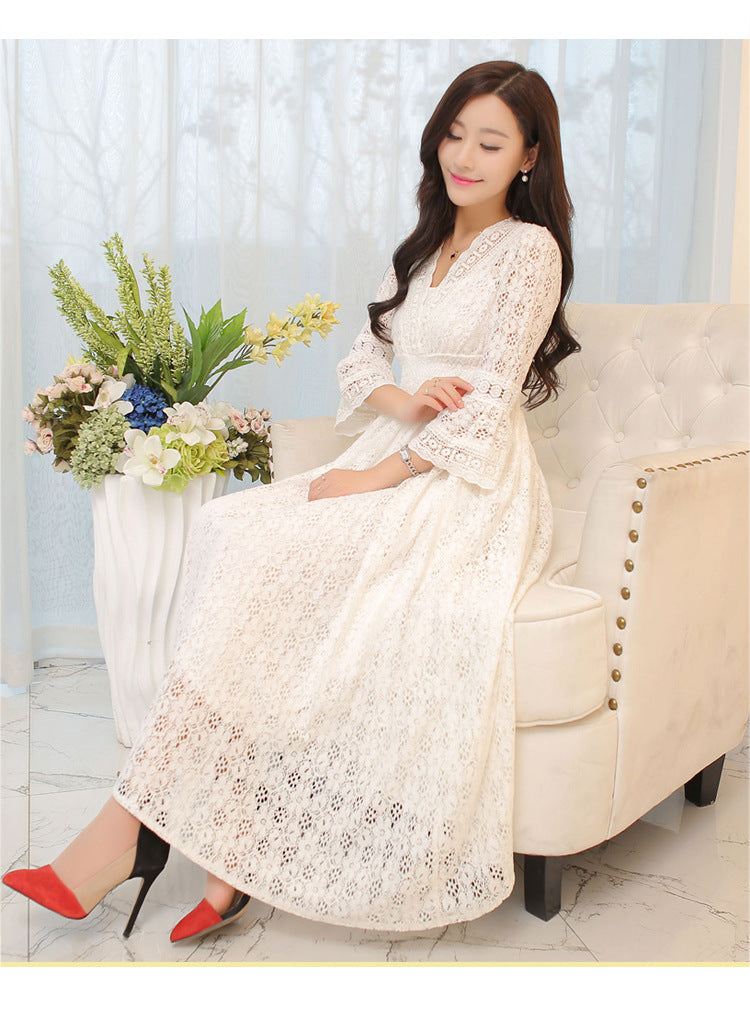 Dress Summer New Style Women's Lace V-Neck Slim Waist Dress Korean Style Dress Vacation Women's Beach Dress