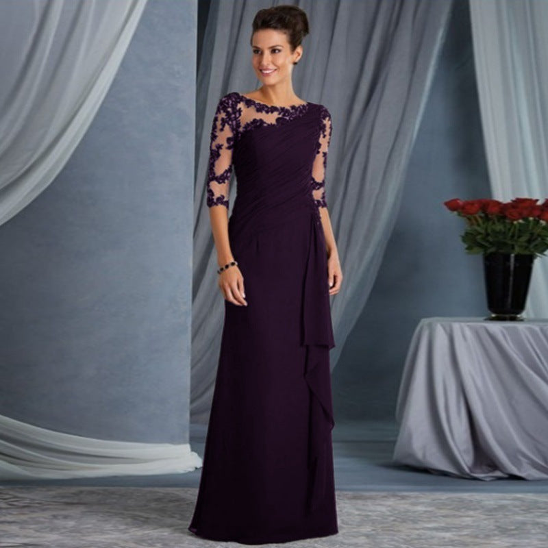 European and American Clothing Foreign Trade Long Lace See-Through Round Neck Mid-Sleeve Dress Wedding Dress Cross-Border Exclusive New Model