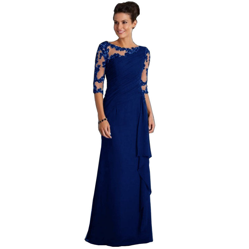 European and American Clothing Foreign Trade Long Lace See-Through Round Neck Mid-Sleeve Dress Wedding Dress Cross-Border Exclusive New Model
