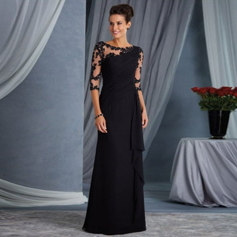 European and American Clothing Foreign Trade Long Lace See-Through Round Neck Mid-Sleeve Dress Wedding Dress Cross-Border Exclusive New Model