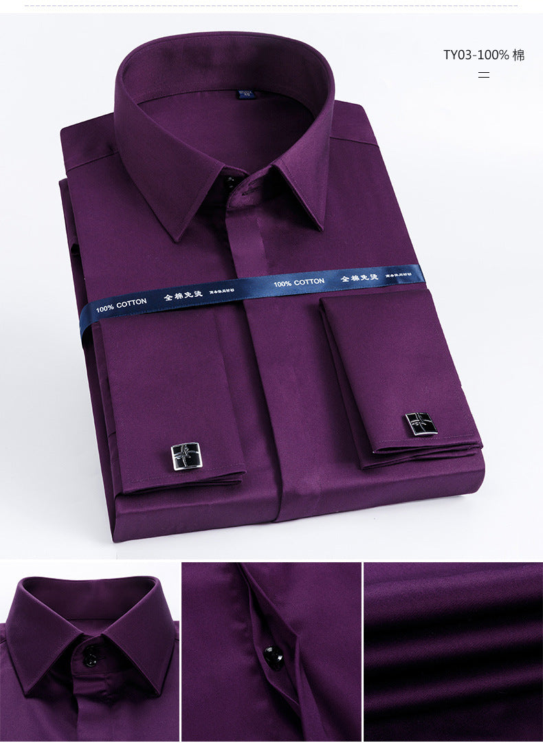 Men's French Shirt Men's Slim-fit Pure Cotton Non-iron Cufflinks Shirt Long-sleeve High-collar Business Dress Ironing-free Shirt