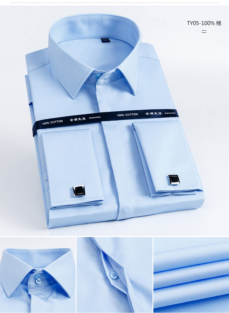 Men's French Shirt Men's Slim-fit Pure Cotton Non-iron Cufflinks Shirt Long-sleeve High-collar Business Dress Ironing-free Shirt