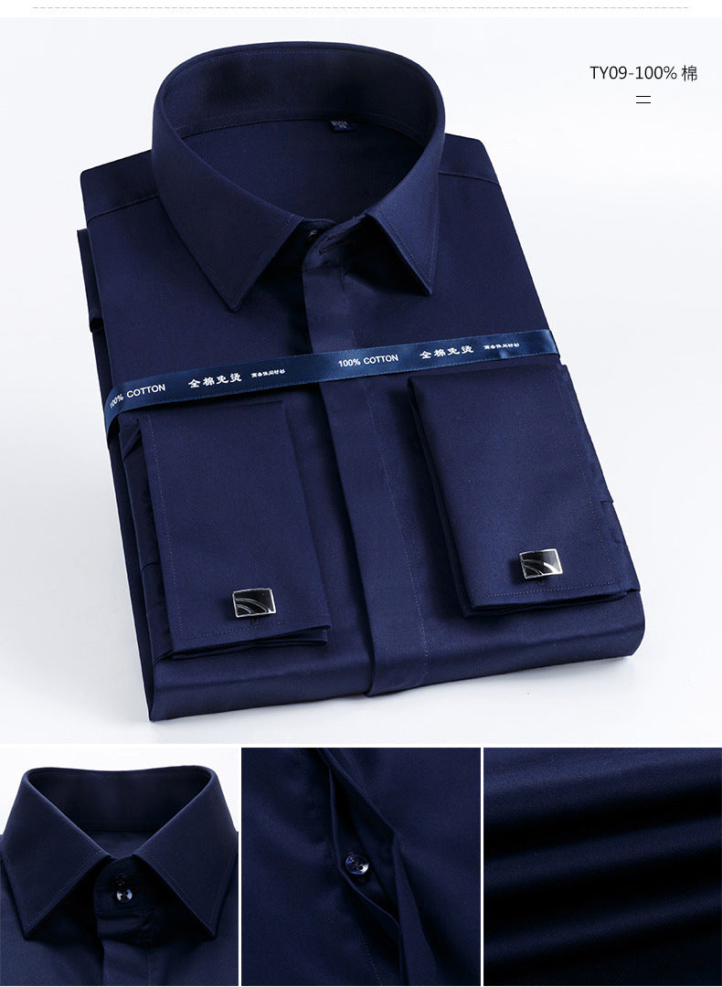 Men's French Shirt Men's Slim-fit Pure Cotton Non-iron Cufflinks Shirt Long-sleeve High-collar Business Dress Ironing-free Shirt