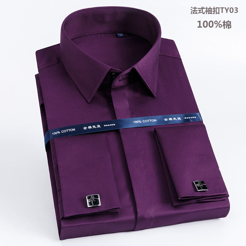 Men's French Shirt Men's Slim-fit Pure Cotton Non-iron Cufflinks Shirt Long-sleeve High-collar Business Dress Ironing-free Shirt