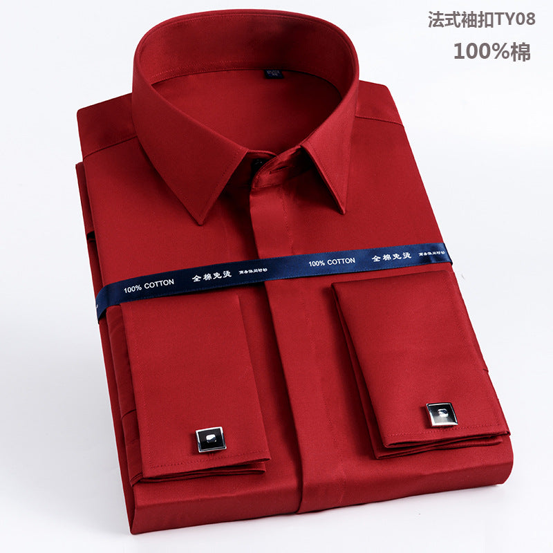 Men's French Shirt Men's Slim-fit Pure Cotton Non-iron Cufflinks Shirt Long-sleeve High-collar Business Dress Ironing-free Shirt