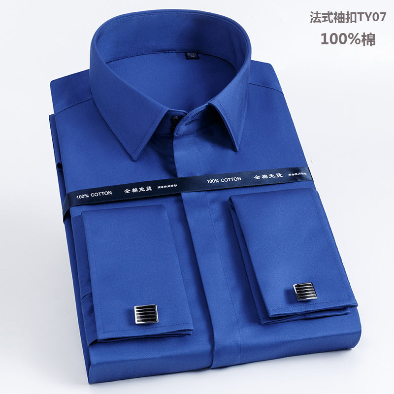 Men's French Shirt Men's Slim-fit Pure Cotton Non-iron Cufflinks Shirt Long-sleeve High-collar Business Dress Ironing-free Shirt