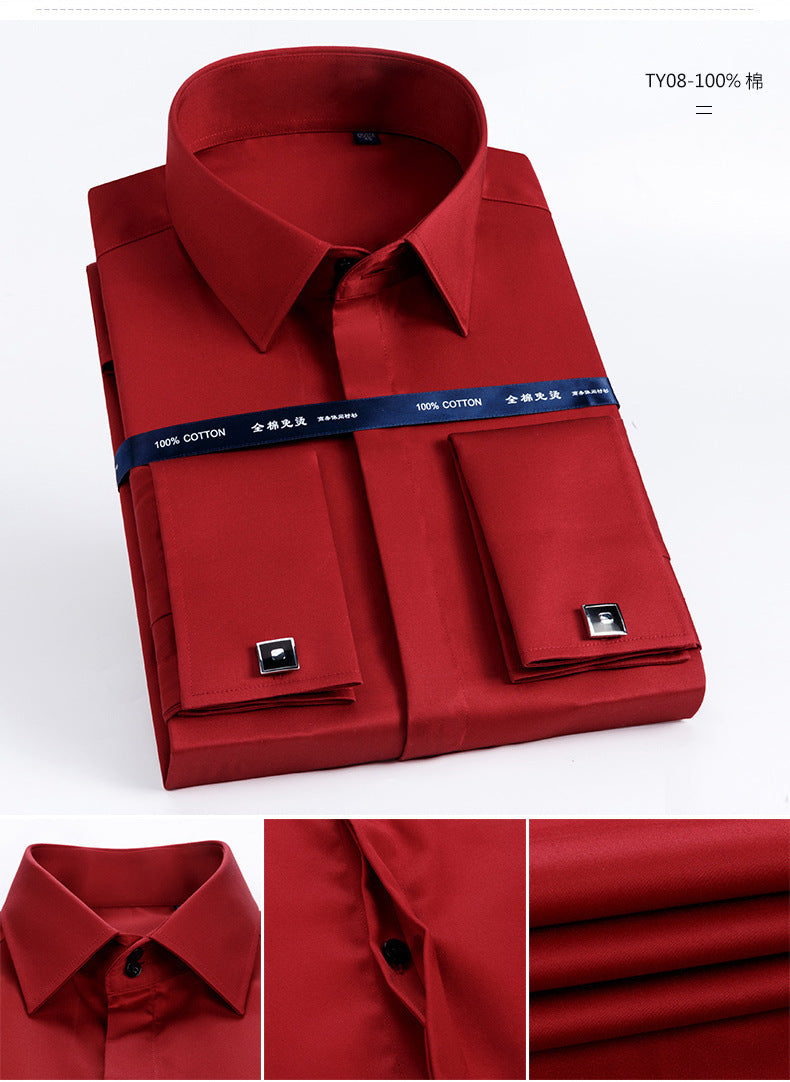 Men's French Shirt Men's Slim-fit Pure Cotton Non-iron Cufflinks Shirt Long-sleeve High-collar Business Dress Ironing-free Shirt