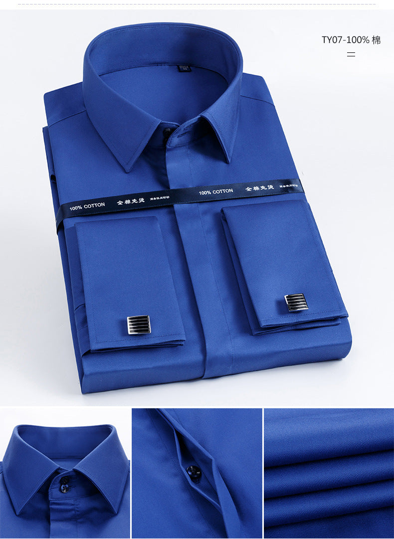 Men's French Shirt Men's Slim-fit Pure Cotton Non-iron Cufflinks Shirt Long-sleeve High-collar Business Dress Ironing-free Shirt