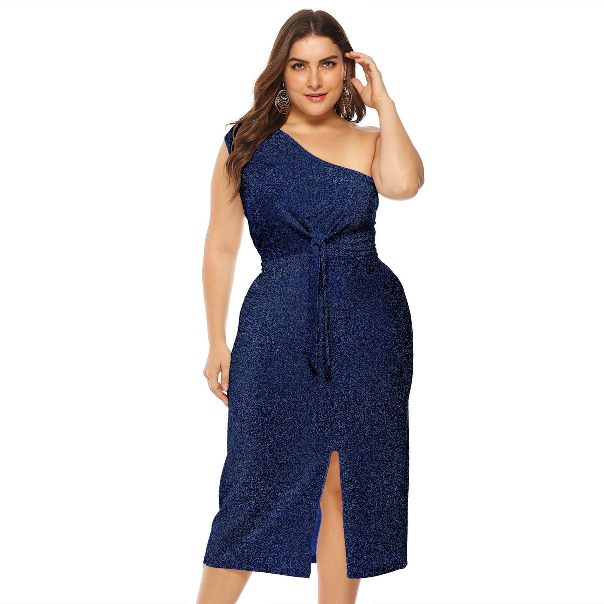 European and American Cross-border Large Size Women's Bright Silk Sexy Elegant Off-shoulder Knotted Slim-fit Cross-shoulder Dress A11015