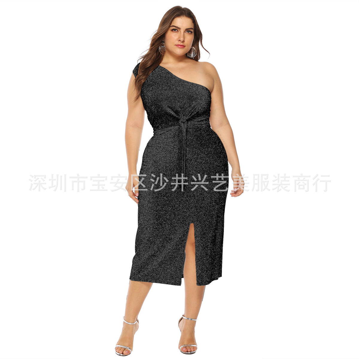 European and American Cross-border Large Size Women's Bright Silk Sexy Elegant Off-shoulder Knotted Slim-fit Cross-shoulder Dress A11015