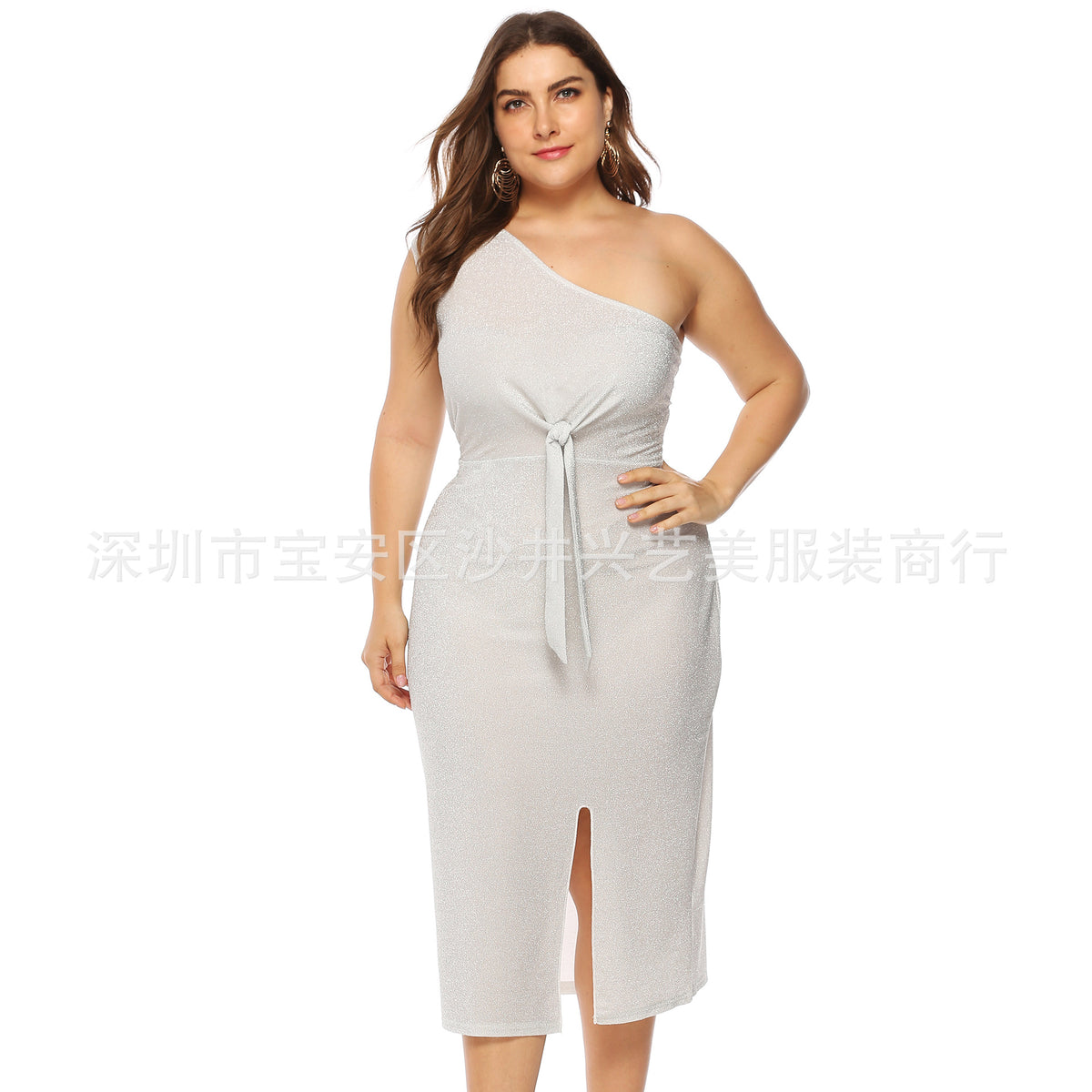 European and American Cross-border Large Size Women's Bright Silk Sexy Elegant Off-shoulder Knotted Slim-fit Cross-shoulder Dress A11015