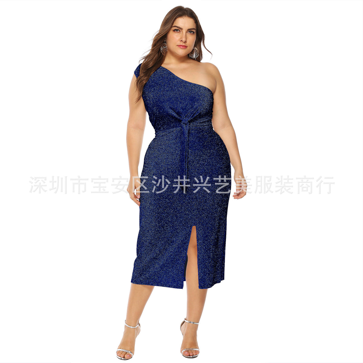 European and American Cross-border Large Size Women's Bright Silk Sexy Elegant Off-shoulder Knotted Slim-fit Cross-shoulder Dress A11015