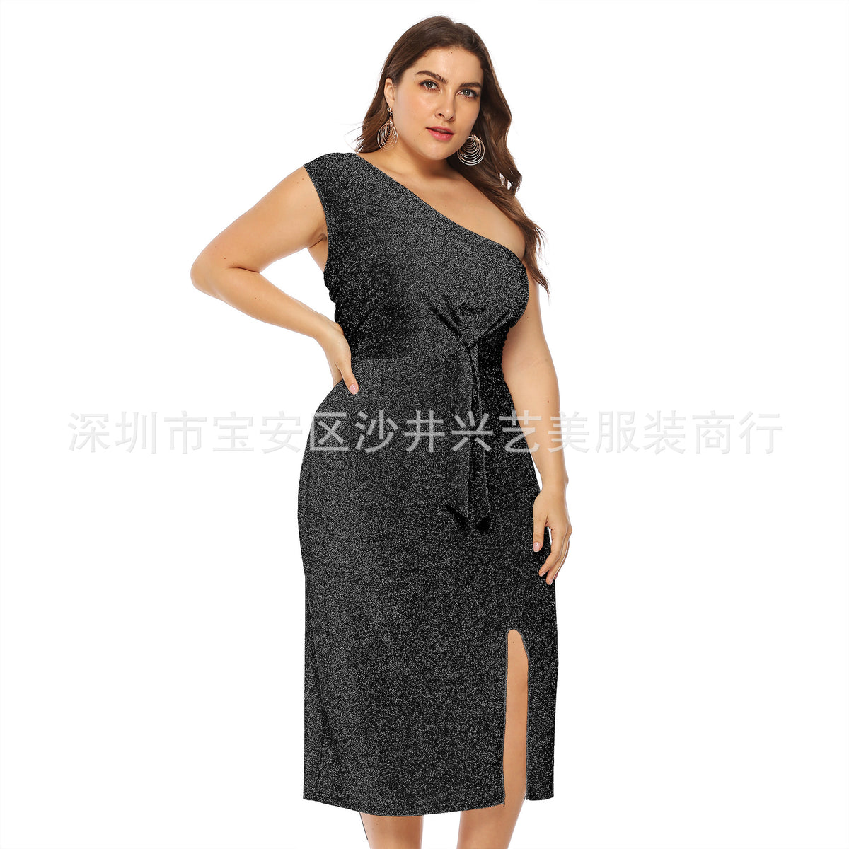 European and American Cross-border Large Size Women's Bright Silk Sexy Elegant Off-shoulder Knotted Slim-fit Cross-shoulder Dress A11015