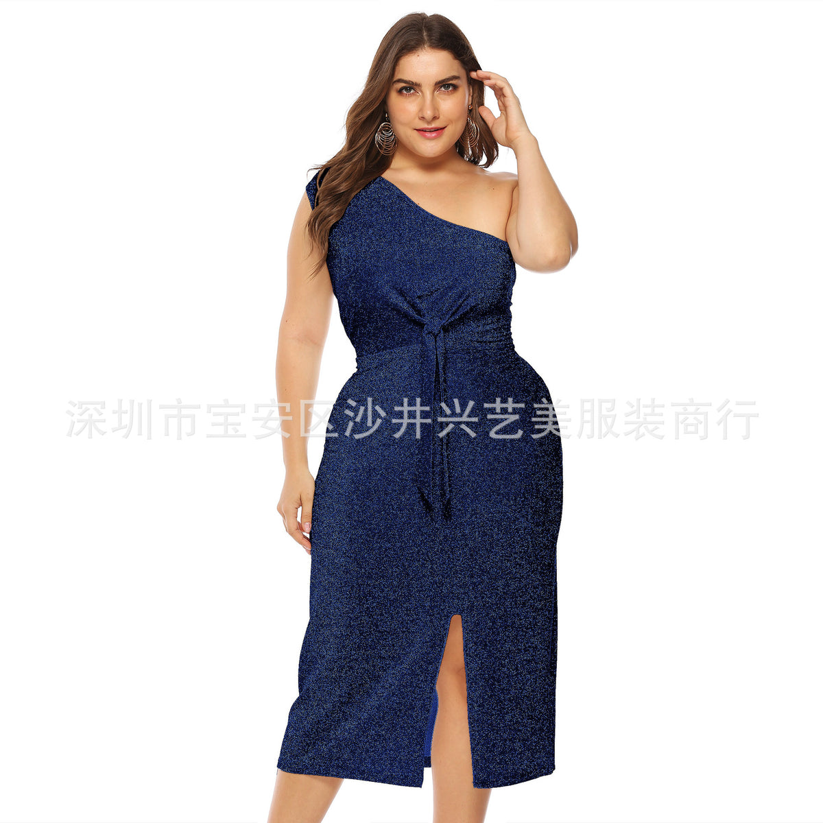 European and American Cross-border Large Size Women's Bright Silk Sexy Elegant Off-shoulder Knotted Slim-fit Cross-shoulder Dress A11015