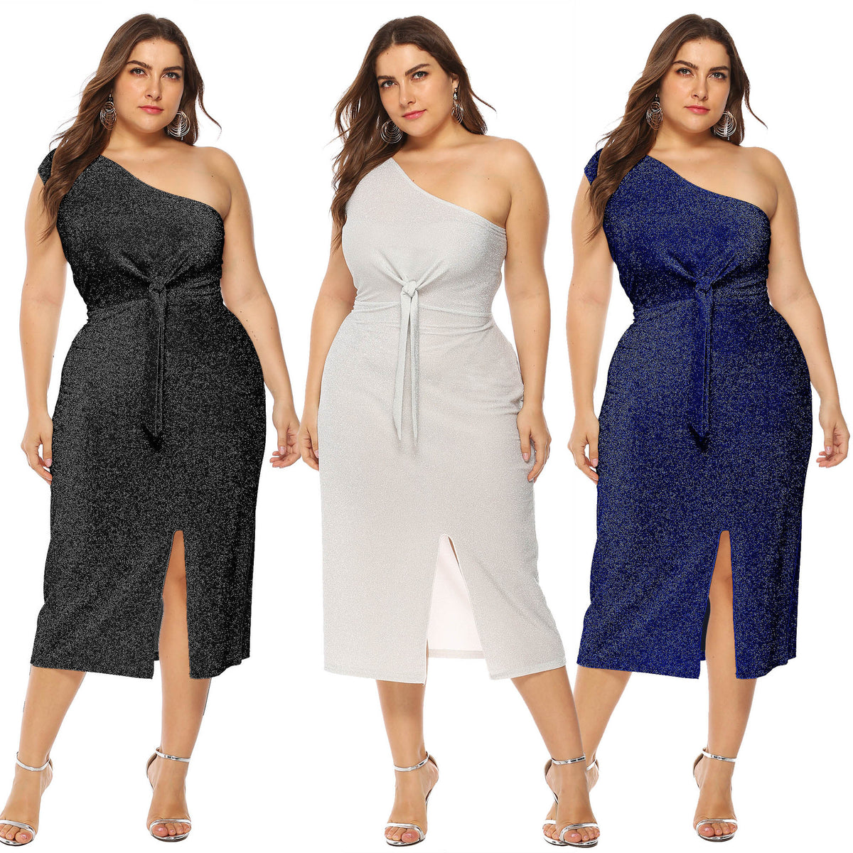 European and American Cross-border Large Size Women's Bright Silk Sexy Elegant Off-shoulder Knotted Slim-fit Cross-shoulder Dress A11015