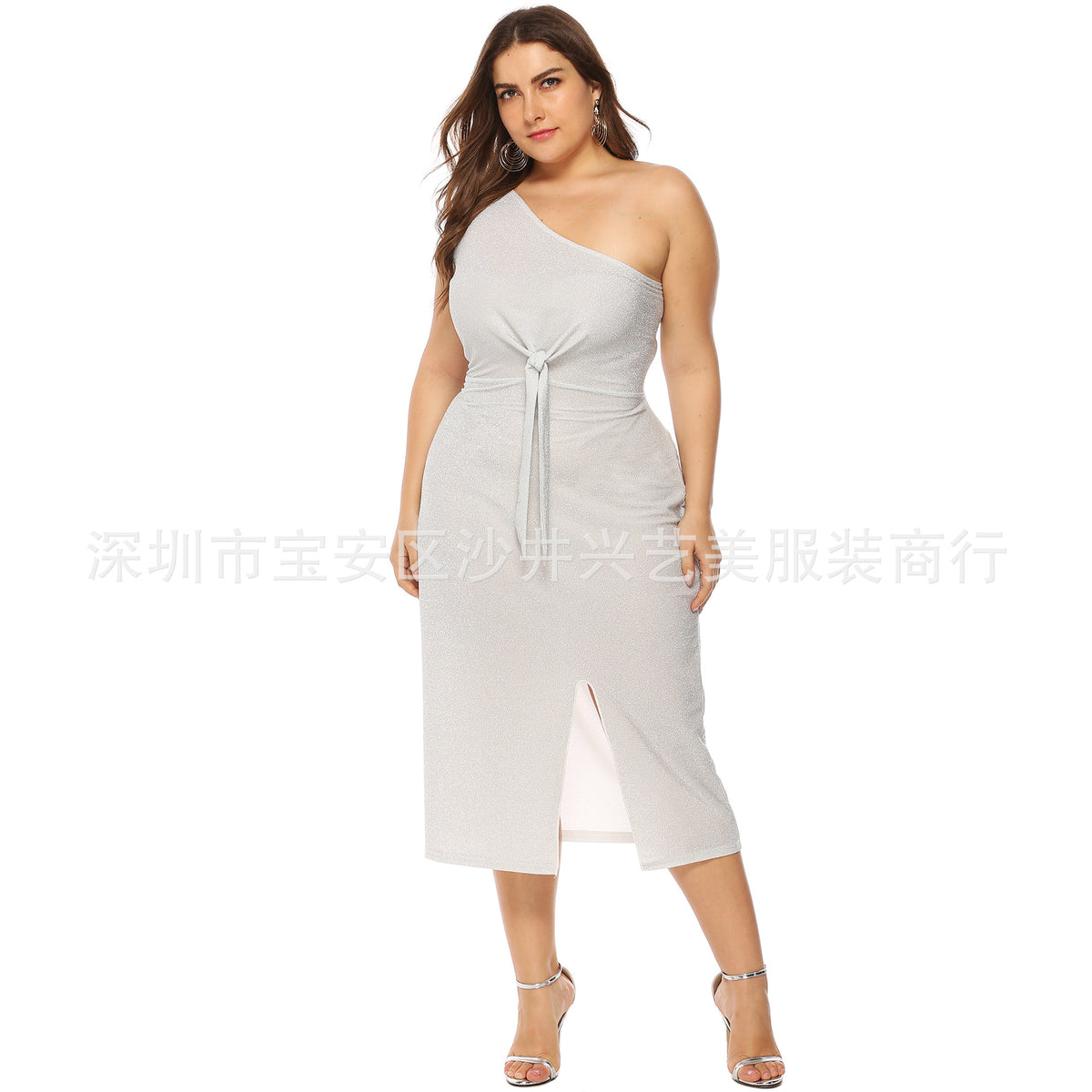 European and American Cross-border Large Size Women's Bright Silk Sexy Elegant Off-shoulder Knotted Slim-fit Cross-shoulder Dress A11015