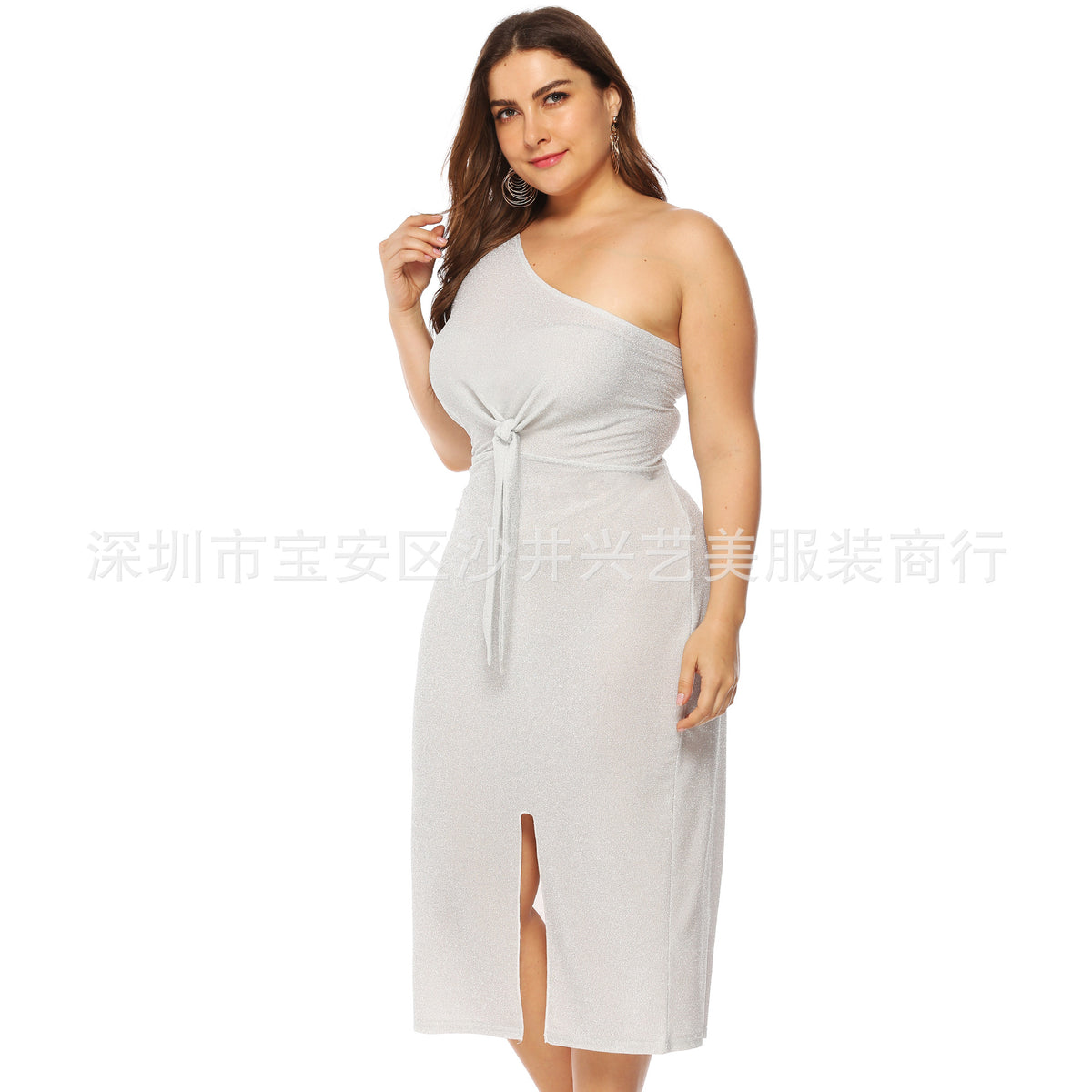 European and American Cross-border Large Size Women's Bright Silk Sexy Elegant Off-shoulder Knotted Slim-fit Cross-shoulder Dress A11015