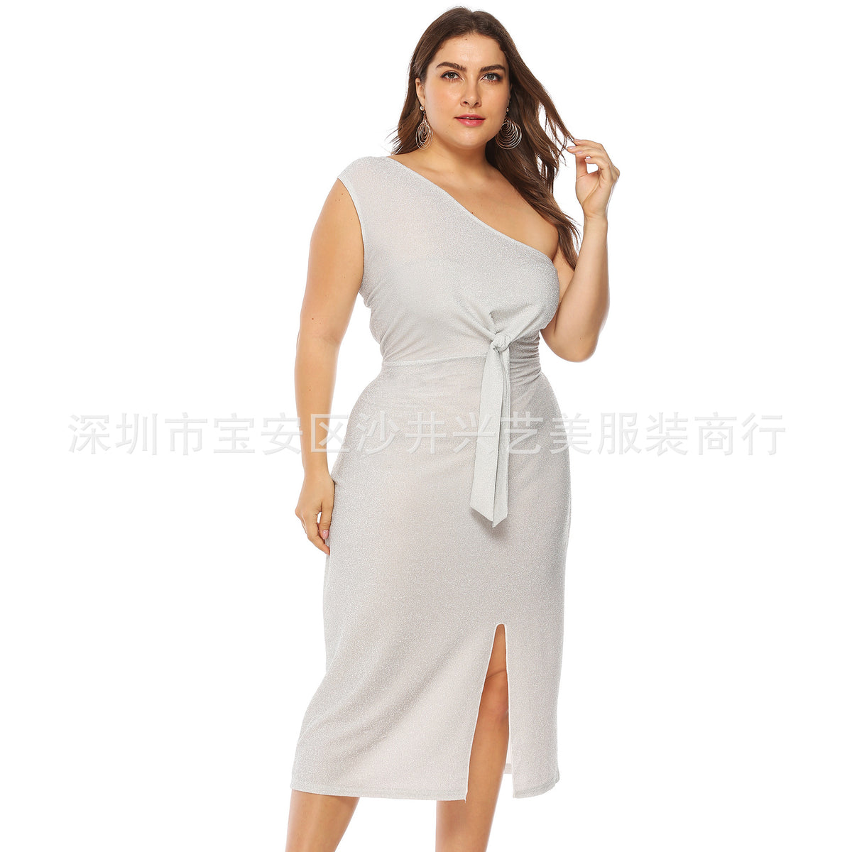 European and American Cross-border Large Size Women's Bright Silk Sexy Elegant Off-shoulder Knotted Slim-fit Cross-shoulder Dress A11015