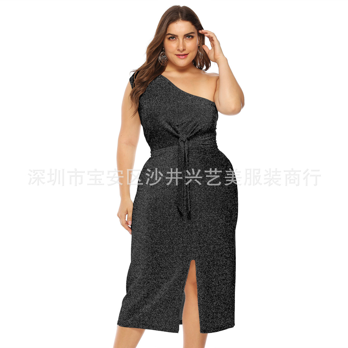 European and American Cross-border Large Size Women's Bright Silk Sexy Elegant Off-shoulder Knotted Slim-fit Cross-shoulder Dress A11015