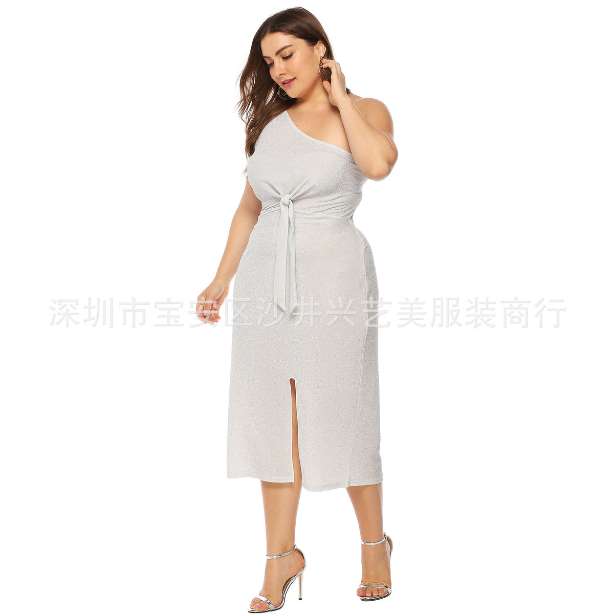 European and American Cross-border Large Size Women's Bright Silk Sexy Elegant Off-shoulder Knotted Slim-fit Cross-shoulder Dress A11015