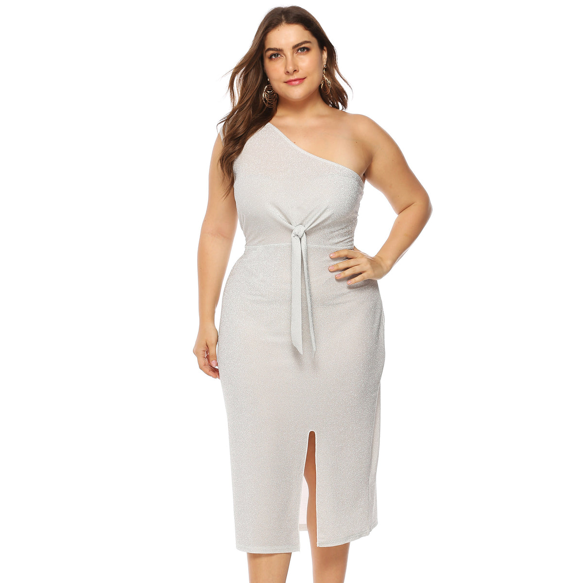 European and American Cross-border Large Size Women's Bright Silk Sexy Elegant Off-shoulder Knotted Slim-fit Cross-shoulder Dress A11015
