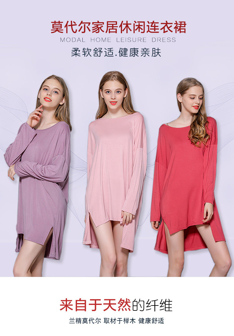 Women's New Modal Home dress Loose plus size Long-sleeved Nightdress Spring and Summer New Outer Wearing Long Dress