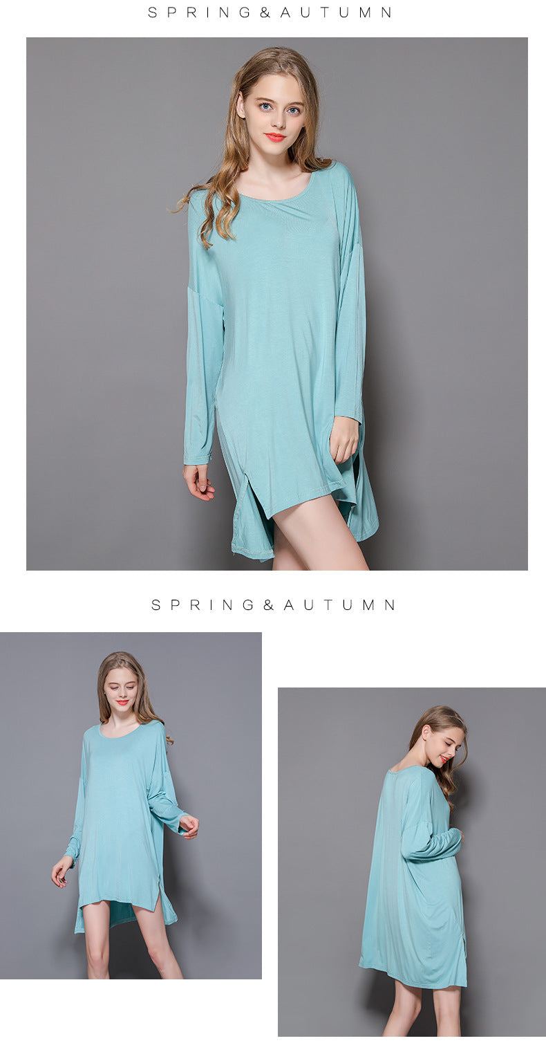 Women's New Modal Home dress Loose plus size Long-sleeved Nightdress Spring and Summer New Outer Wearing Long Dress