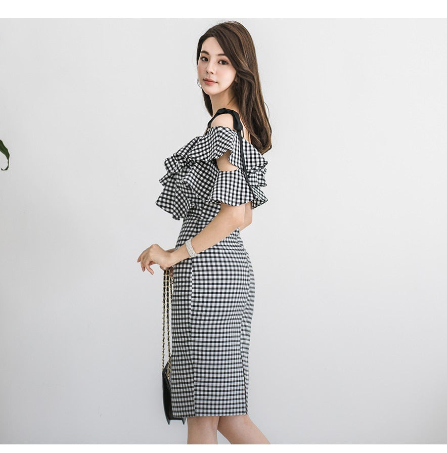 Deep V Neck Sexy Slim Fit Hip-Hugging Dress Cross-Border 2025 Korean Style New Women's Hip-Hugging Sexy Plaid Midi Skirt