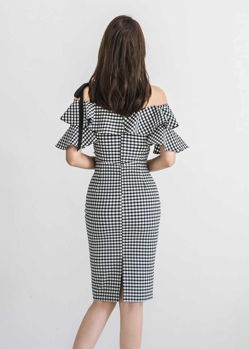 Deep V Neck Sexy Slim Fit Hip-Hugging Dress Cross-Border 2025 Korean Style New Women's Hip-Hugging Sexy Plaid Midi Skirt