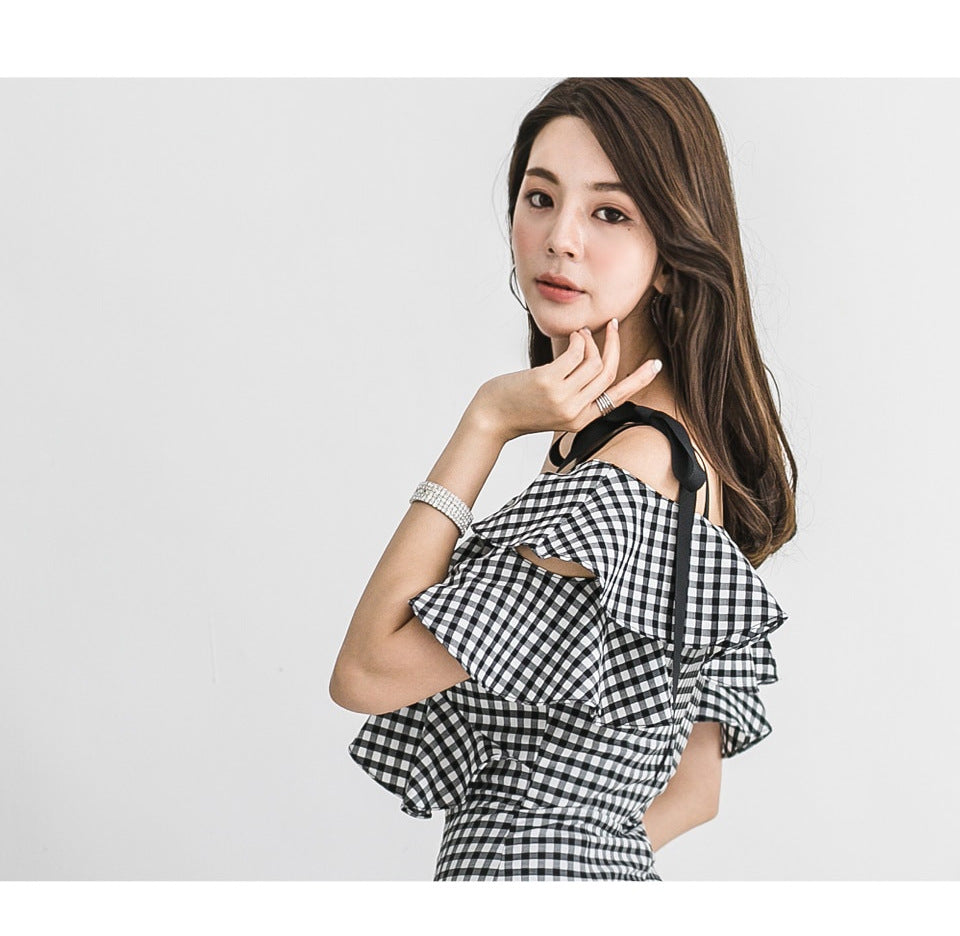 Deep V Neck Sexy Slim Fit Hip-Hugging Dress Cross-Border 2025 Korean Style New Women's Hip-Hugging Sexy Plaid Midi Skirt