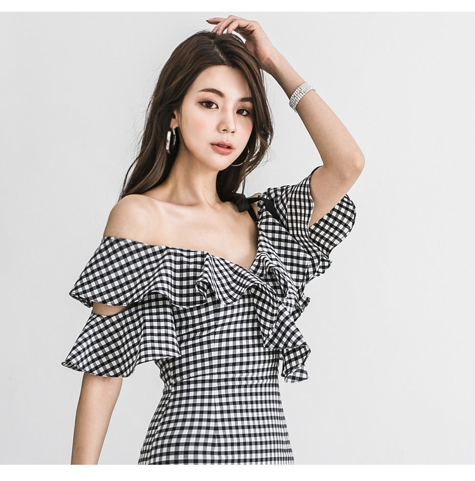 Deep V Neck Sexy Slim Fit Hip-Hugging Dress Cross-Border 2025 Korean Style New Women's Hip-Hugging Sexy Plaid Midi Skirt