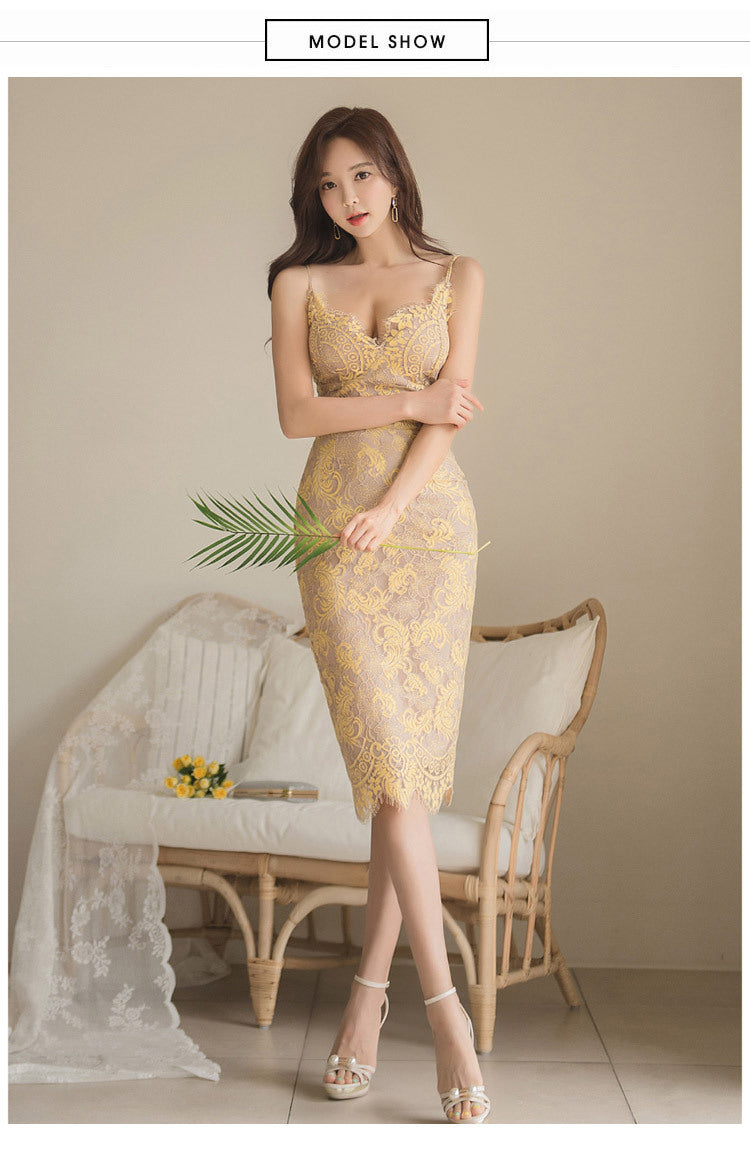 Cross-Border Women's Clothing 2025 Summer New Style Elegant V-Neck Slim-Fit Spaghetti Strap Dress Mid-Length Lace Bodycon Dress