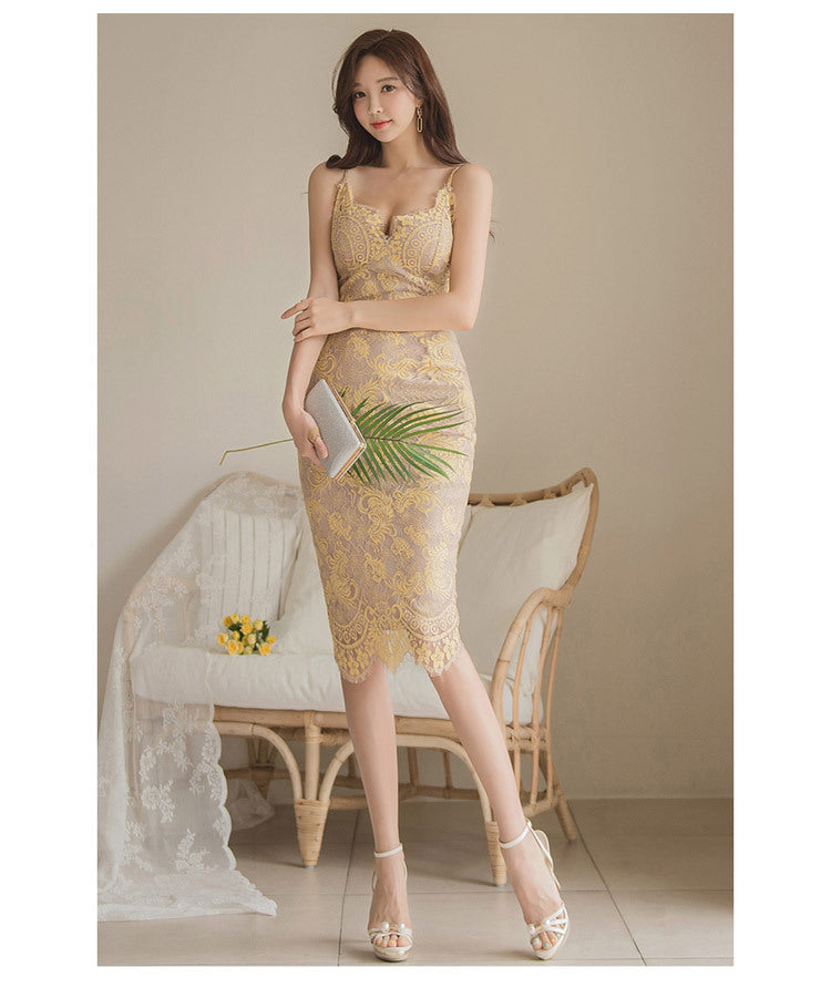 Cross-Border Women's Clothing 2025 Summer New Style Elegant V-Neck Slim-Fit Spaghetti Strap Dress Mid-Length Lace Bodycon Dress
