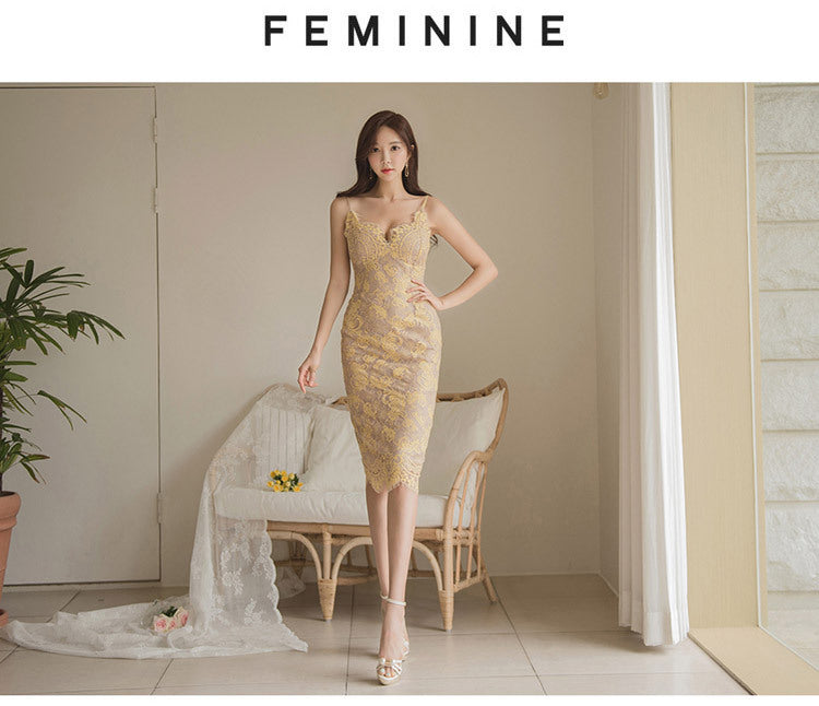 Cross-Border Women's Clothing 2025 Summer New Style Elegant V-Neck Slim-Fit Spaghetti Strap Dress Mid-Length Lace Bodycon Dress