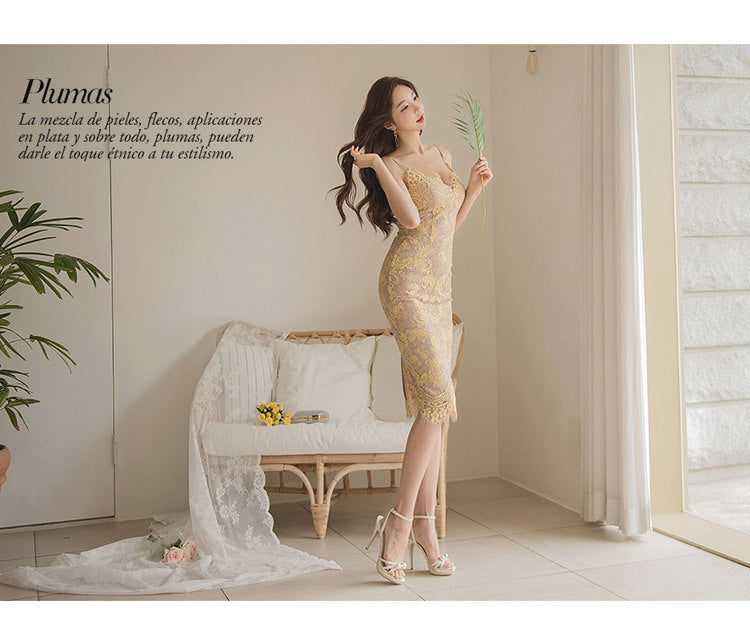 Cross-Border Women's Clothing 2025 Summer New Style Elegant V-Neck Slim-Fit Spaghetti Strap Dress Mid-Length Lace Bodycon Dress
