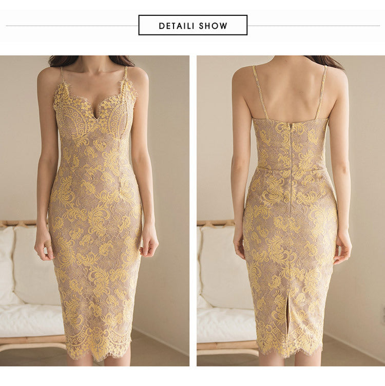 Cross-Border Women's Clothing 2025 Summer New Style Elegant V-Neck Slim-Fit Spaghetti Strap Dress Mid-Length Lace Bodycon Dress