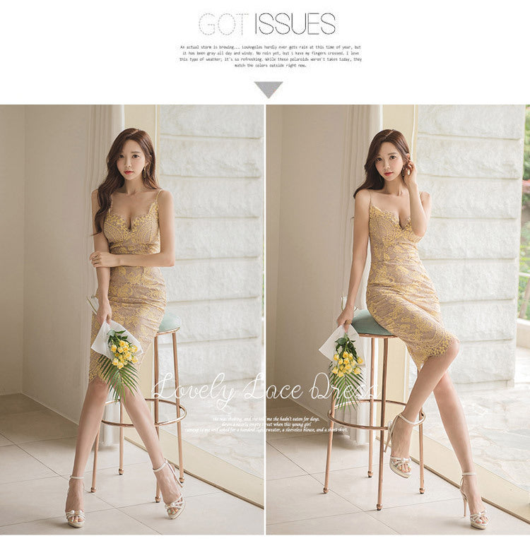 Cross-Border Women's Clothing 2025 Summer New Style Elegant V-Neck Slim-Fit Spaghetti Strap Dress Mid-Length Lace Bodycon Dress
