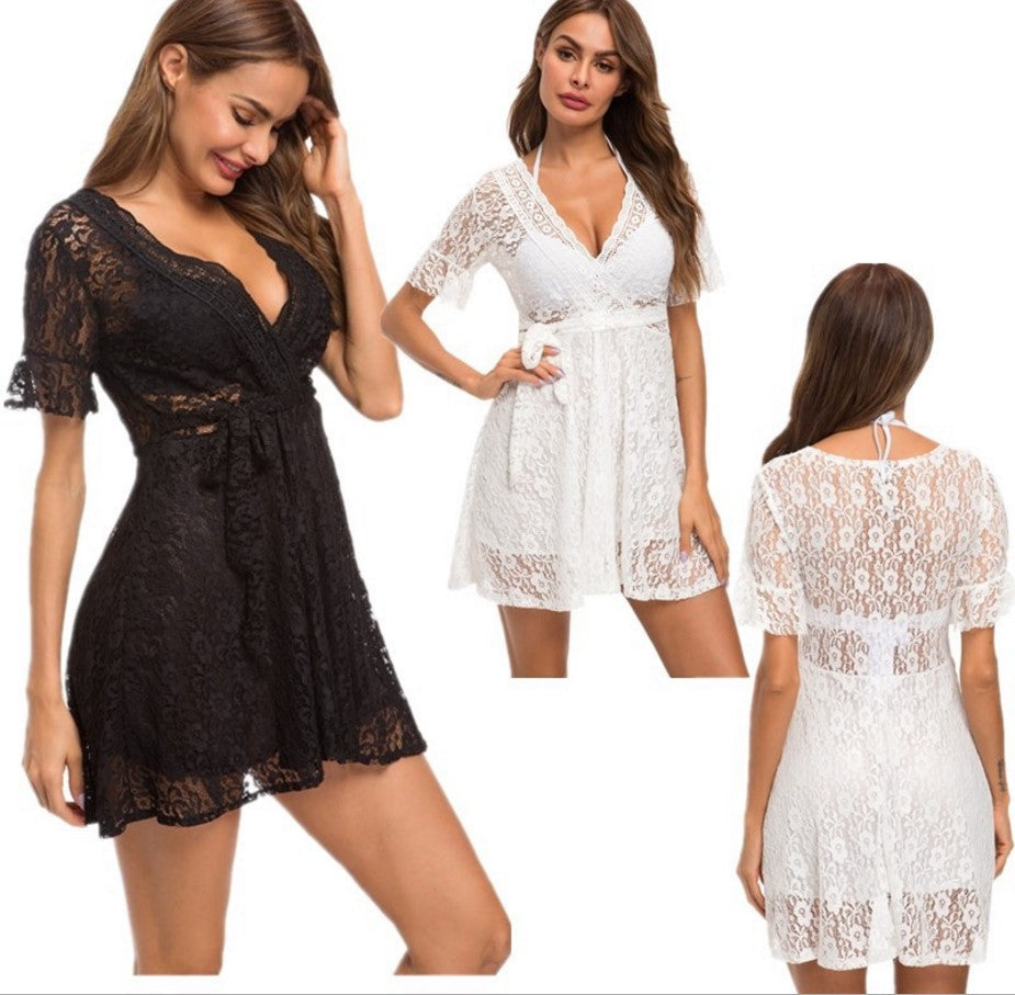 European and American women's wear wish AliExpress ebay foreign trade hot summer short sleeve V-neck low cut sexy lace dress